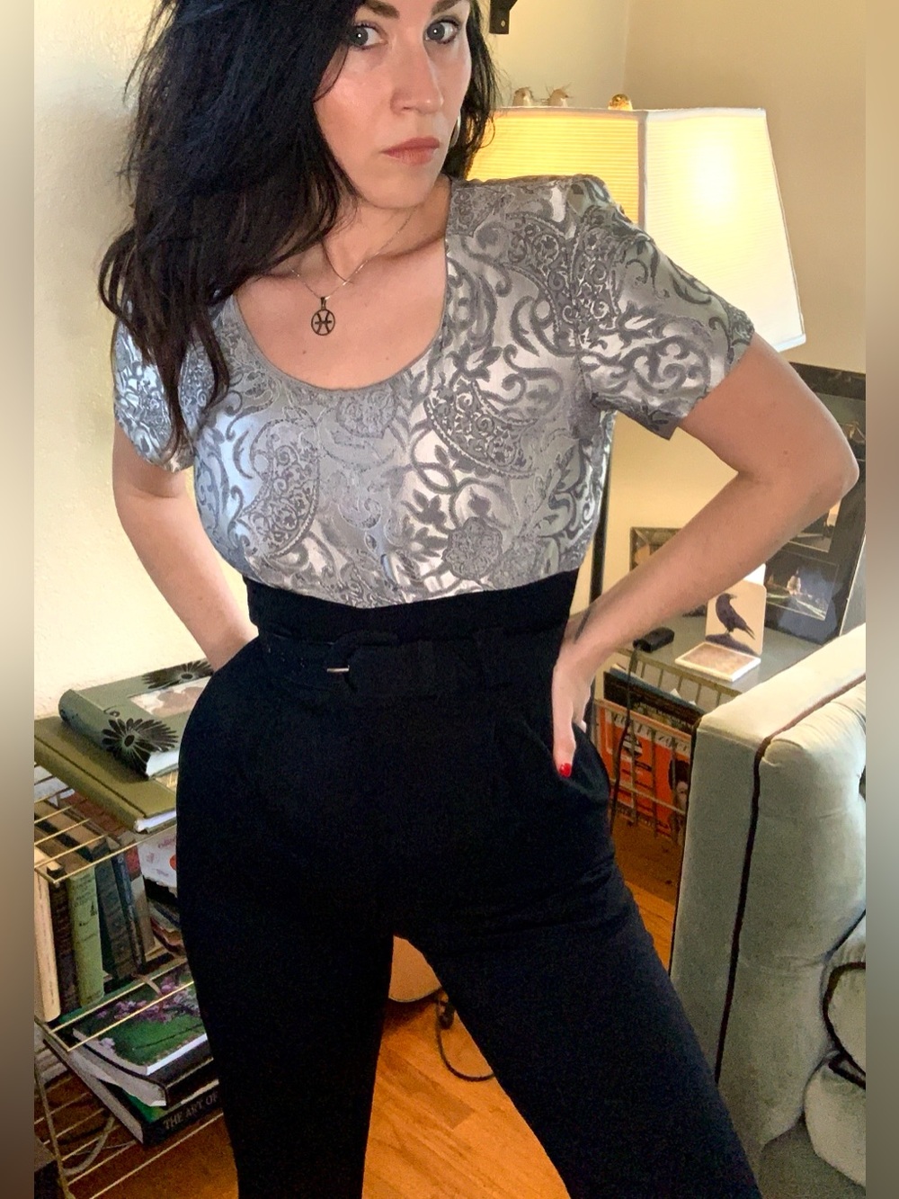 Amazing Vintage 80s Silver Paisley jumpsuit - Picture 6 of 10
